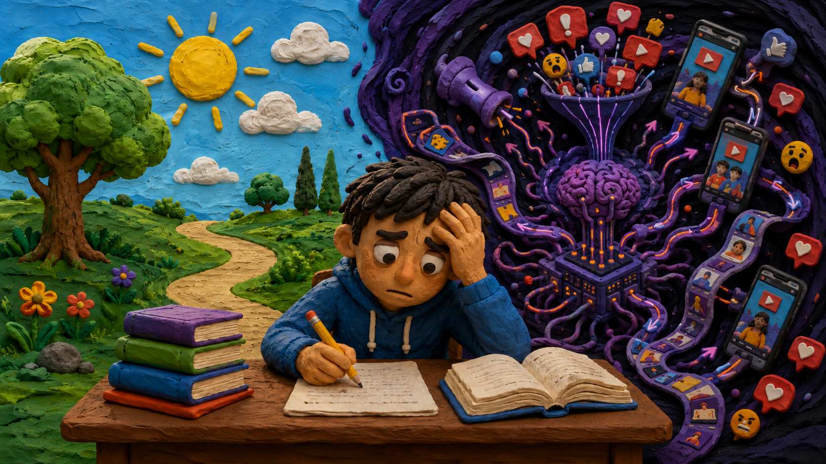Play-Doh-artige Illustration eines Kindes zwischen ruhiger Lernumgebung und digitalem KI-Verstärker-System.